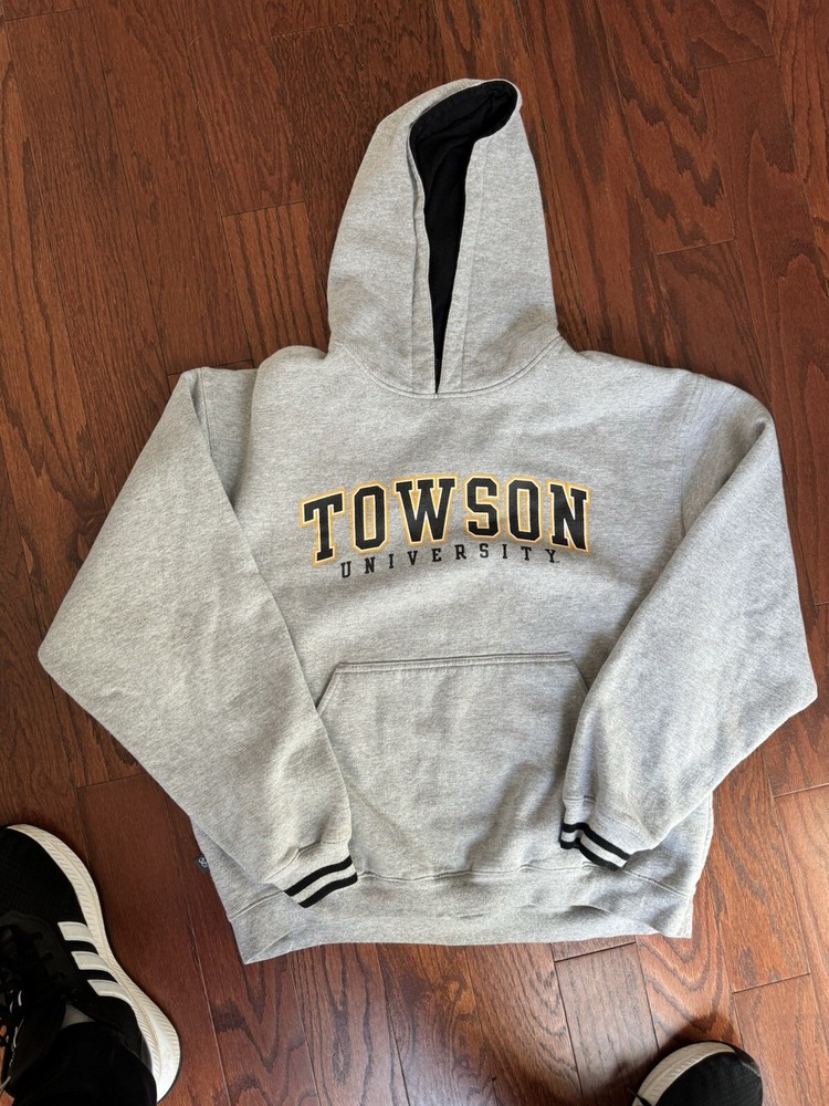 Vintage Towson University Sweatshirt Mens L Gray Hoodie Tigers Team Logo Sweater