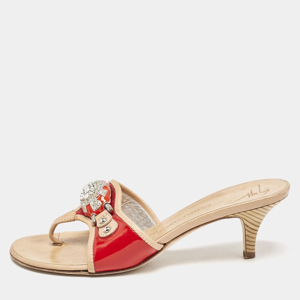 Giuseppe Zanotti RedRed Leather And Patent Crystal Embellished Slide Sandals