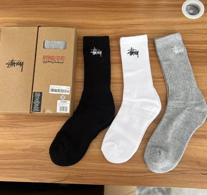 NEW 3 Pair STUUSY Stock Crew Socks White/Black/Gray Size 8-13