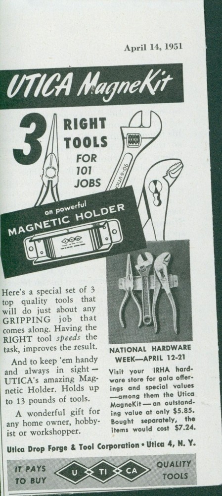1951 Utica MagneKit 3 Tools 101 Jobs Magnetic Holder Vintage Print Ad SP16