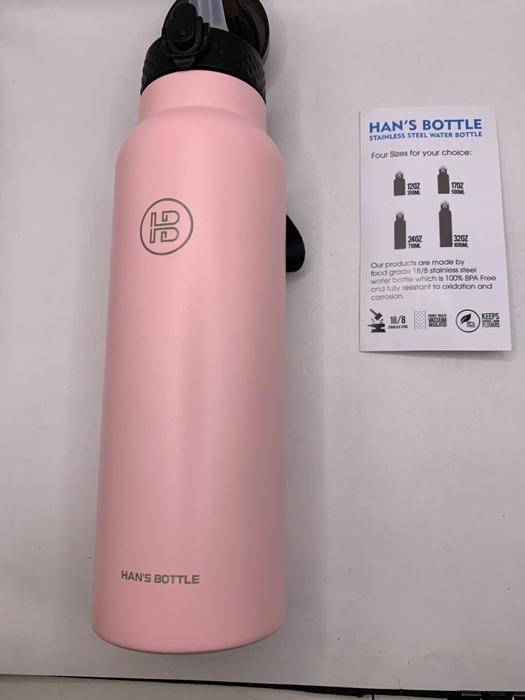 Han's 24oz Pink Straw Stainless Bottle Keeps Drinks Hot 12H Cold 24H BPA Free