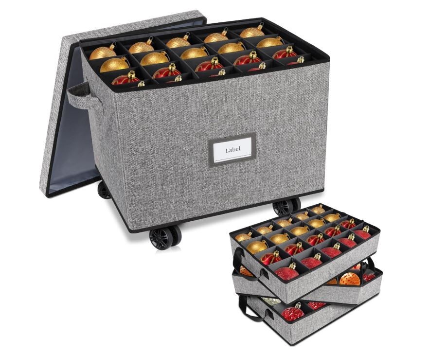 Holiday Ornament Storage Box with 3 Removable Compartments for Rolling Organizer
