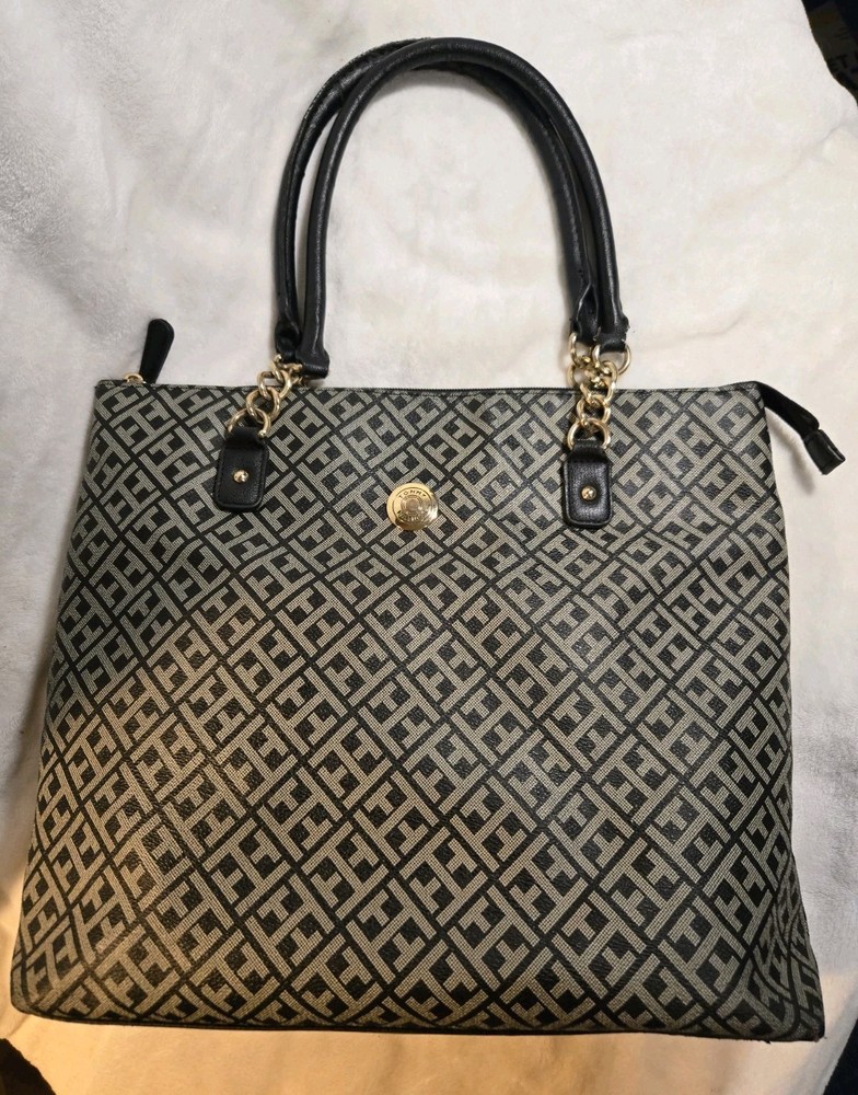 Tommy Hilfiger monogram canvas tote bag with black handles LNC