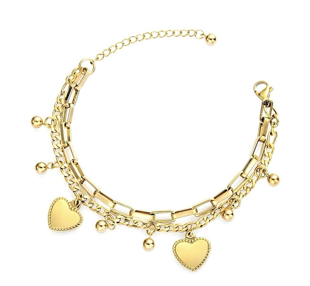 18K Gold Multi Chain Bracelet with Ball & Heart Charms - Stainless Steel