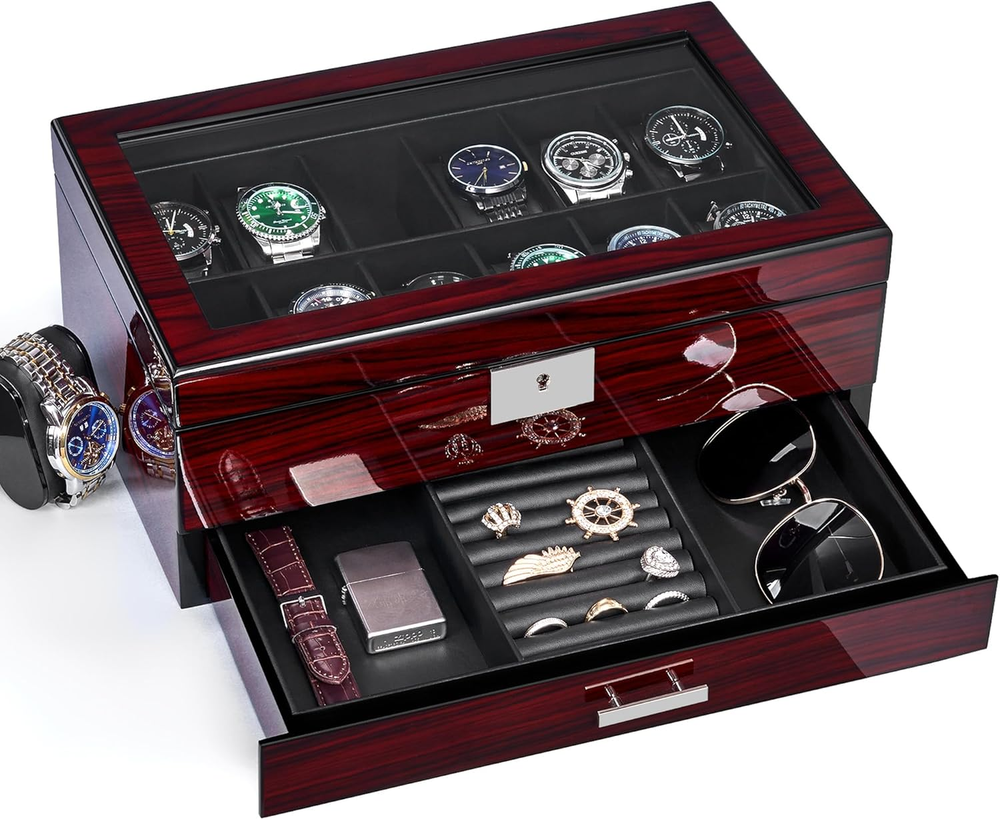 12 Slot Watch Cases for Men, Watch Box with Large Lid Jewelry Box with Watch Sto