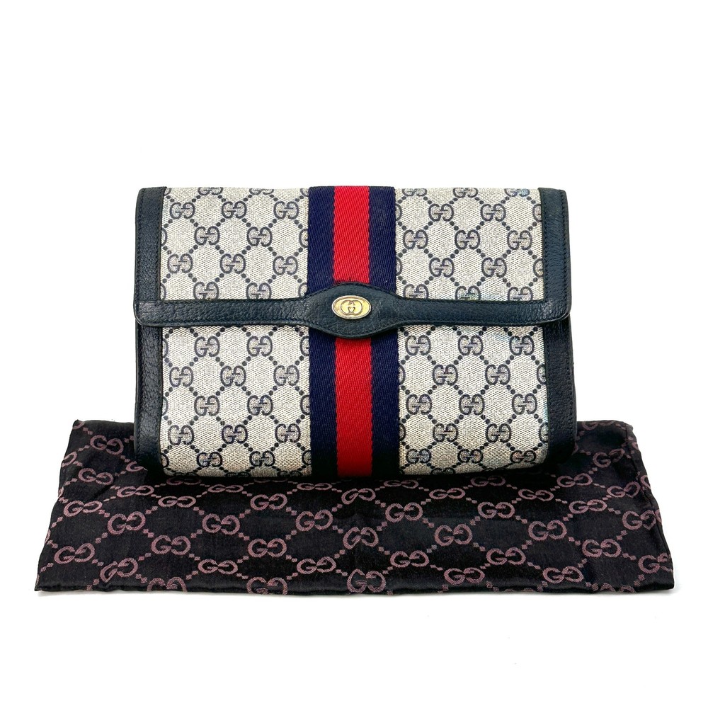 Vintage GUCCI Clutch Bag Sherry Line PVC Leather GG Canvas Authentic