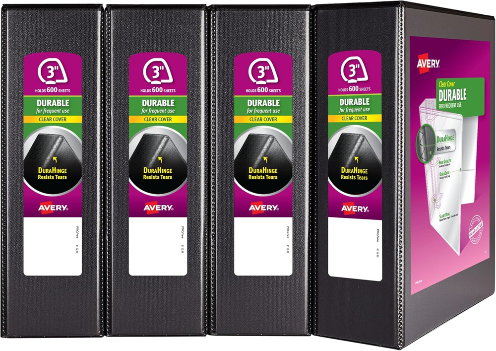Durable View 3 Ring Binder, 3 Inch Slant Rings, 4 Black Binders (17050)
