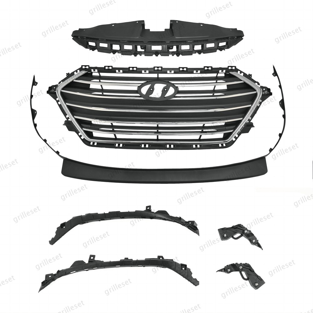 For Elantra 2017-2018 7PC Upper Chrome Grille, Lower Lip Assembly & Bracket Kit