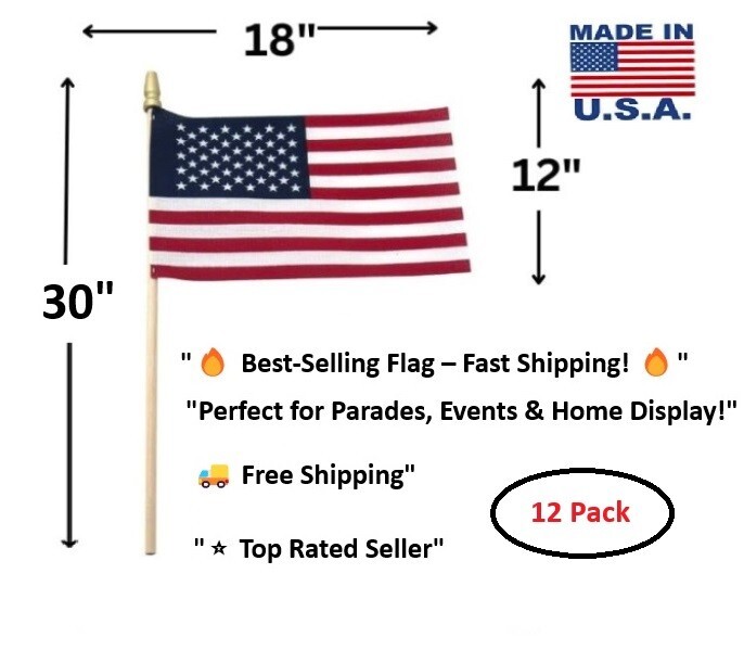 12 Pack 12x18 USA Stick Flags with 30 Inch Wood Staffs - Premium Quality