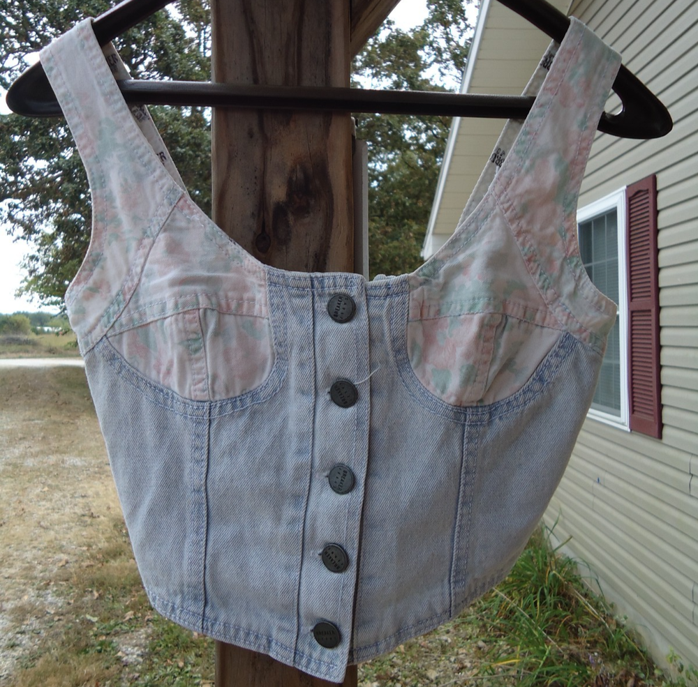 VTG Breaker Jeans 90s Denim Bustier Top Floral Bust Straps Elastic Back Small