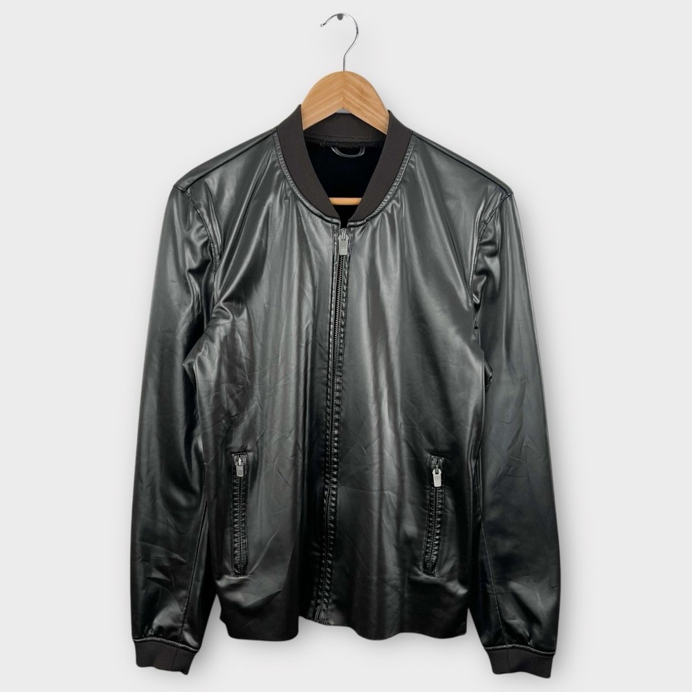 Zara Mens Silver Faux Leather Bomber Jacket Medium Lightweight Stylish