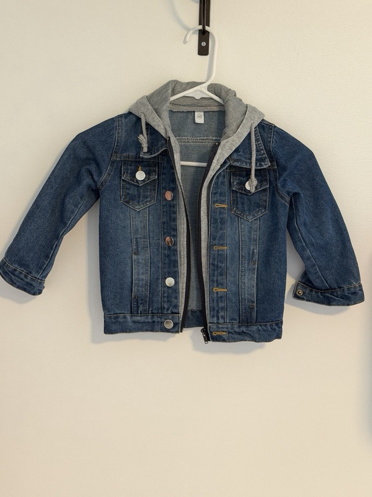 Boys Blue Denim Jacket Hooded Layered Look Shirt Hem Size 100 3T 4T Excellent