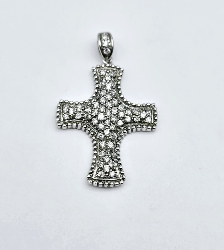 Vintage Sterling Silver Clear Gemstone Religious CROSS Drop Pendant - 8.2g