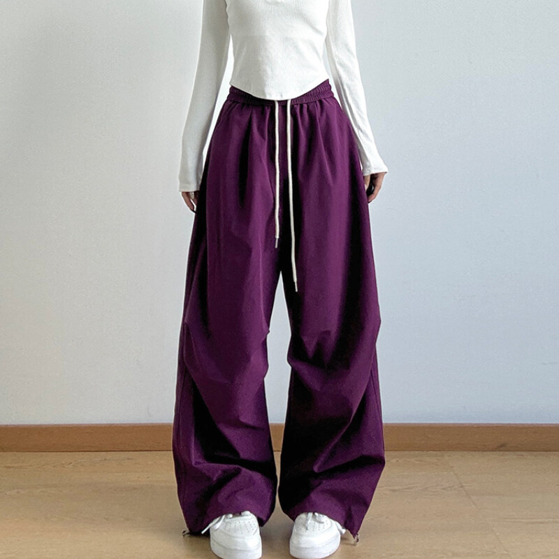 Women Casual Wide Cargo Pants Hip Hop Elastic Waist Straight Leg Pants