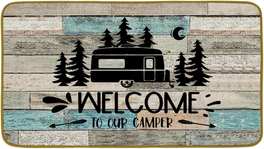 Camper Themed Decorative Doormat, Camping Floor Mat, Rustic Welcome to Our Ca...