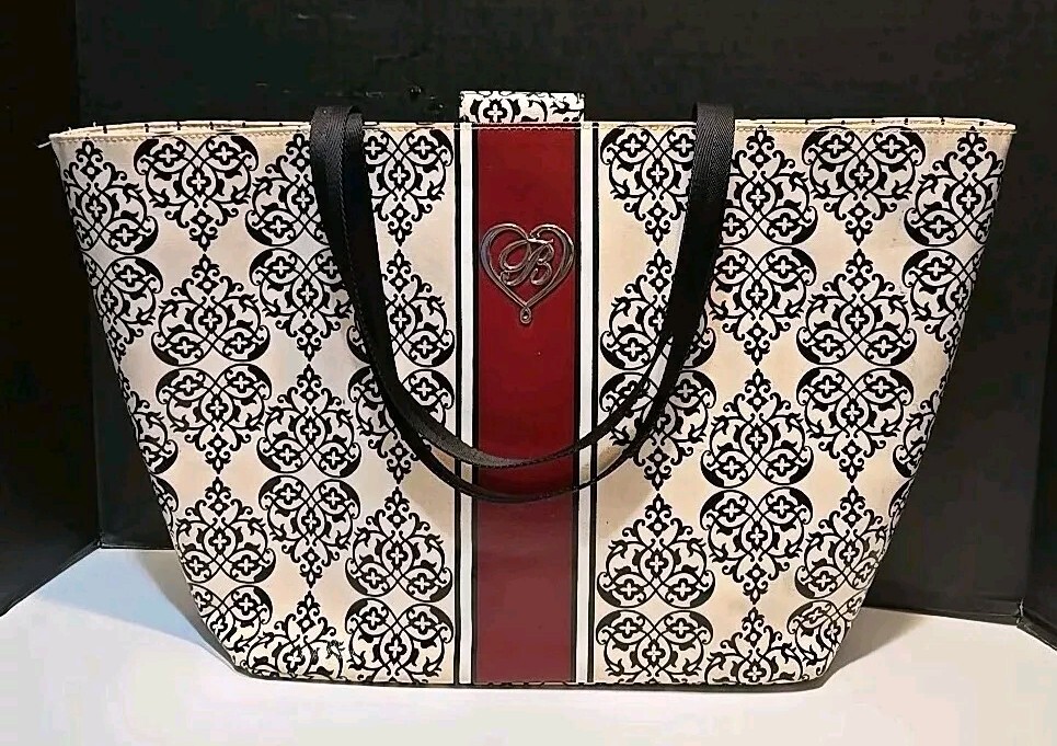 Brighton My Sweet Valentine Pink Black Large Tote Bag. Logo. Striped Lining.