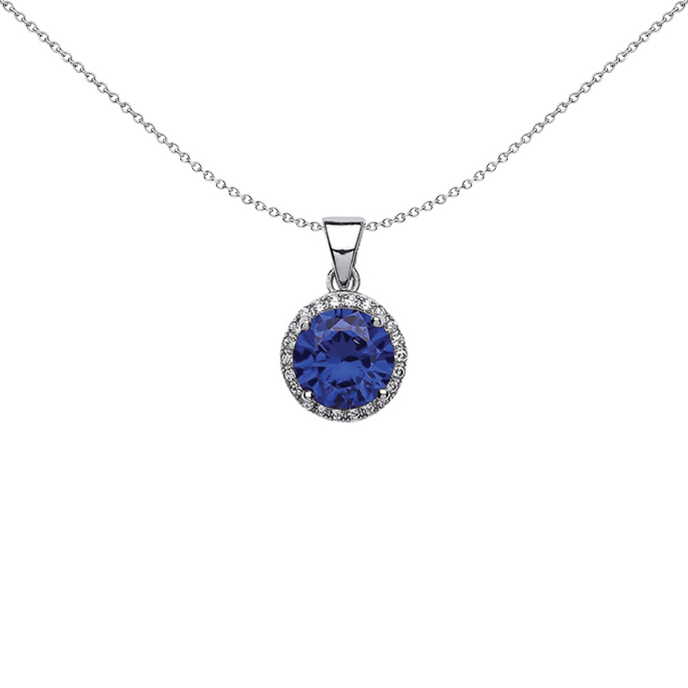 Silver Jewelco London Blue CZ Halo Pendant Necklace 18 inch