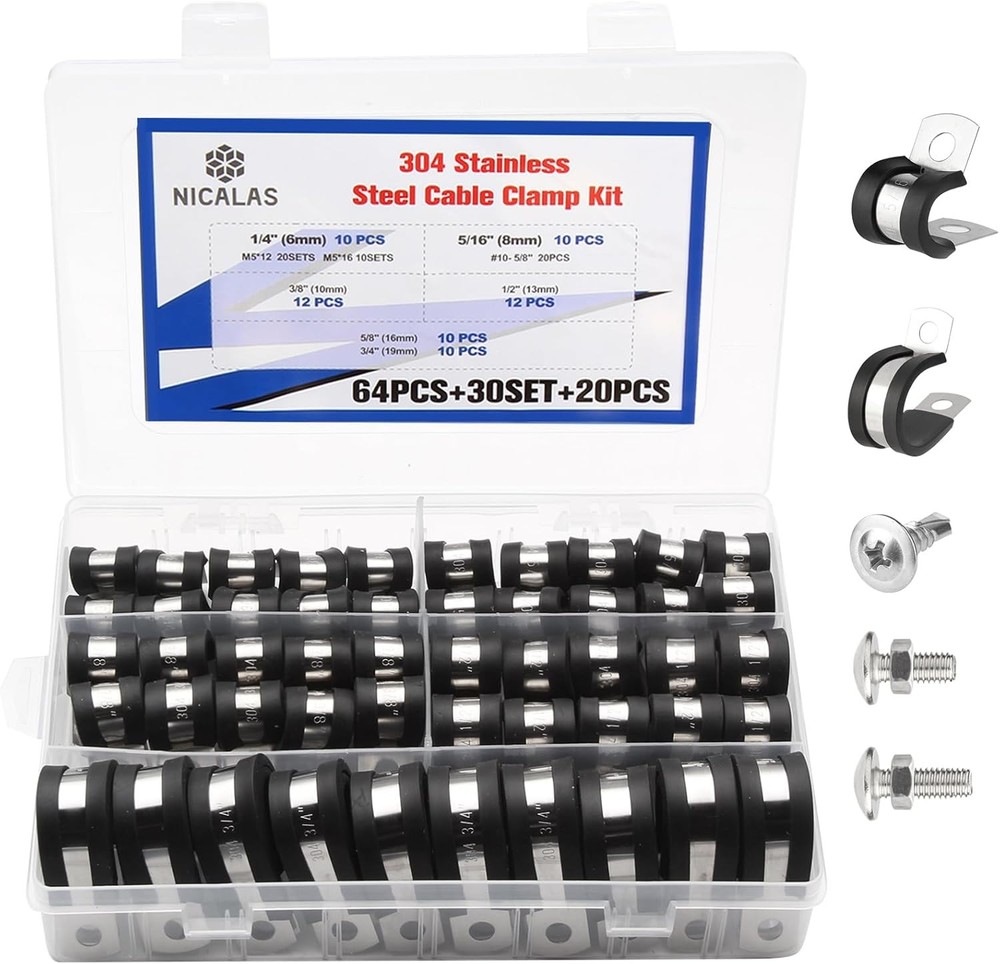 144 PCS Cable Clamps Assortment Kit with Stainless Steel Screws,304 Stainless St