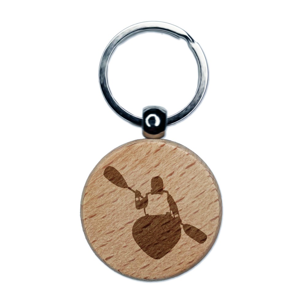 Llavero redondo de madera grabada en kayak para persona con espalda de remo