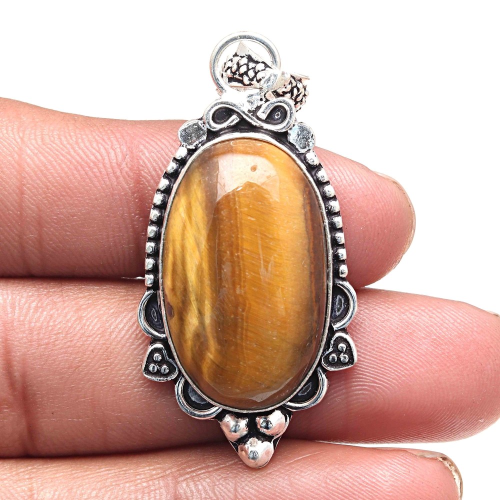 Tiger's Eye Gemstone Pendant Silver Jewelry Valentine Gift 2 Inch