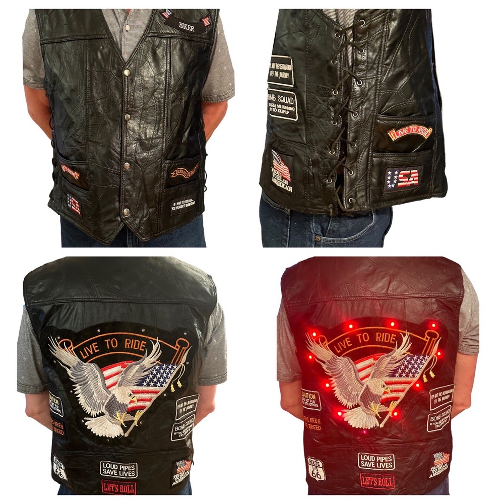 Black Leather Riding Vest Mens 2XL, Biker Live To Ride, Patches,Eagle Lights Up