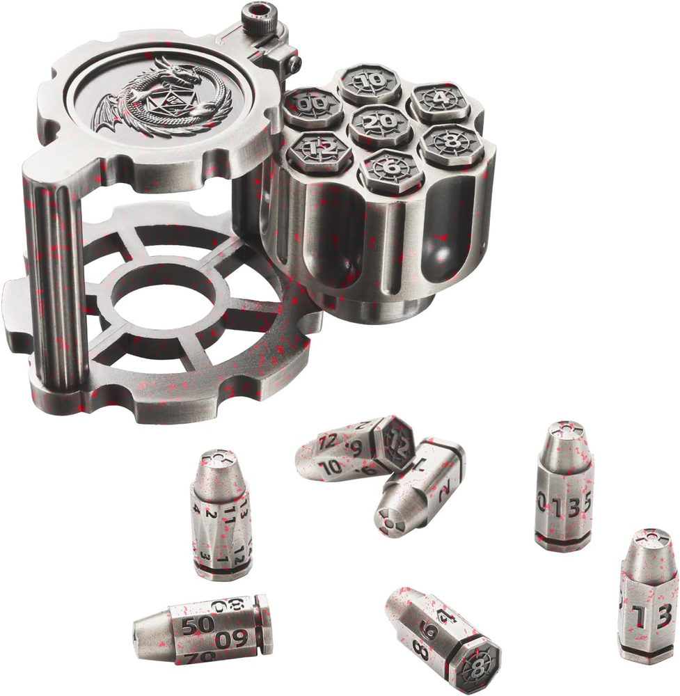 Metal Polyhedral Bullet Dice Set with Spinning Revolver Cylinder Container, 2024