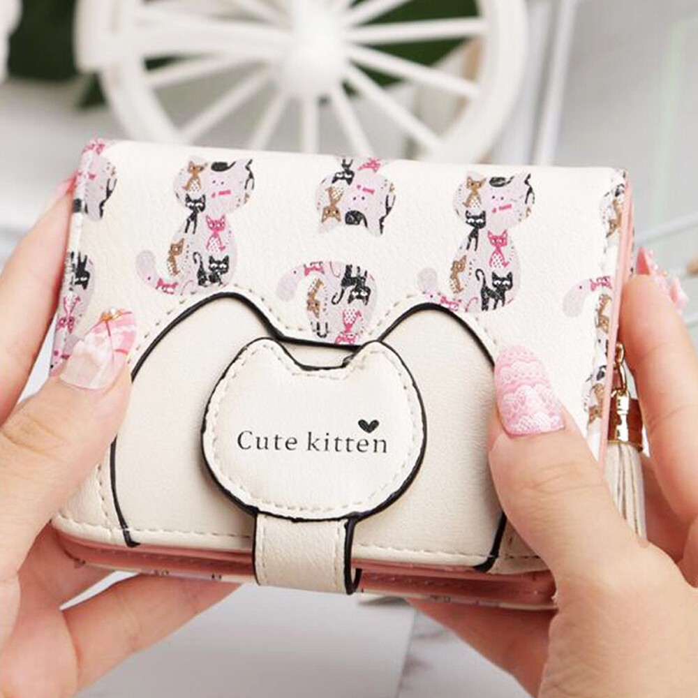 Womens Leather Wallets Short Card Holder Purse Fashion Cat-pattern Wallet Gifts