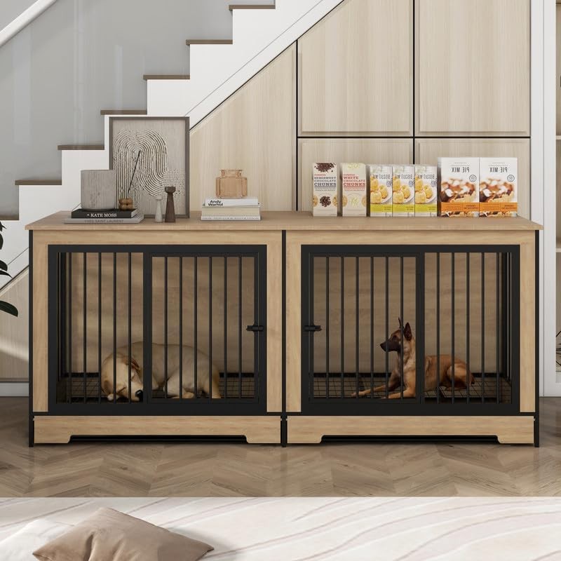 XL Double Dog Crate Furniture – Large Two-Room Pet Cage  