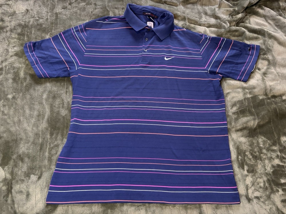 Nike Tiger Woods Collection Polo Golf Shirt Mens Large Blue Striped Fit Dry