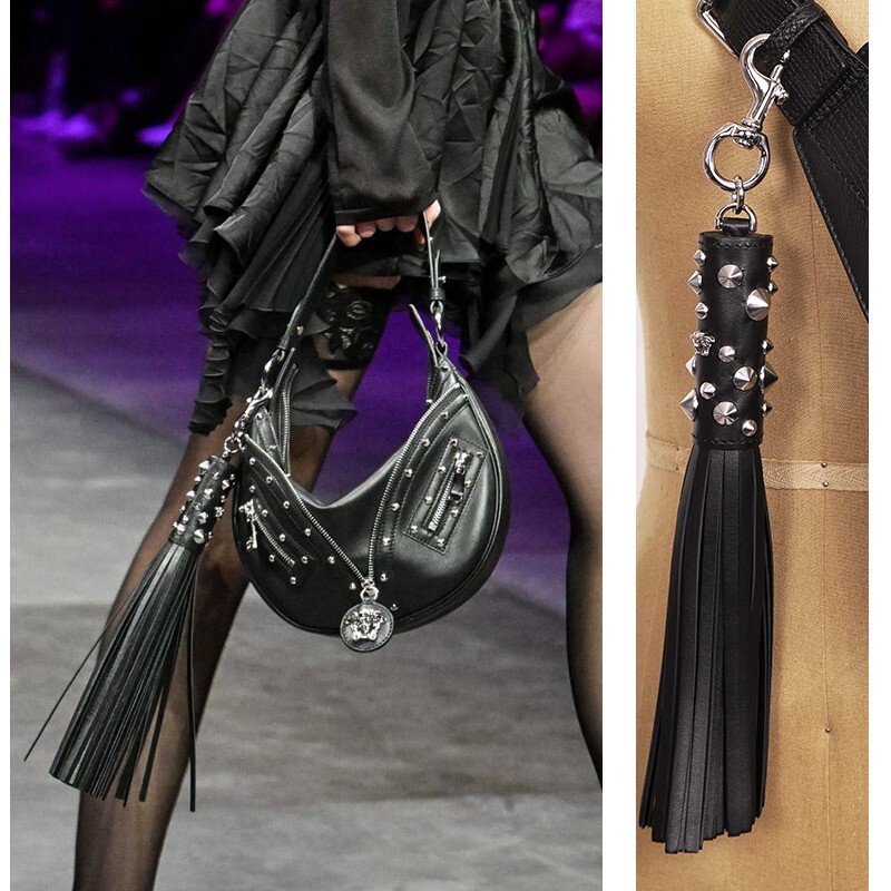 Versace Runway Black Leather Medusa Studded Tassel Keychain Bag FOB NWT $575