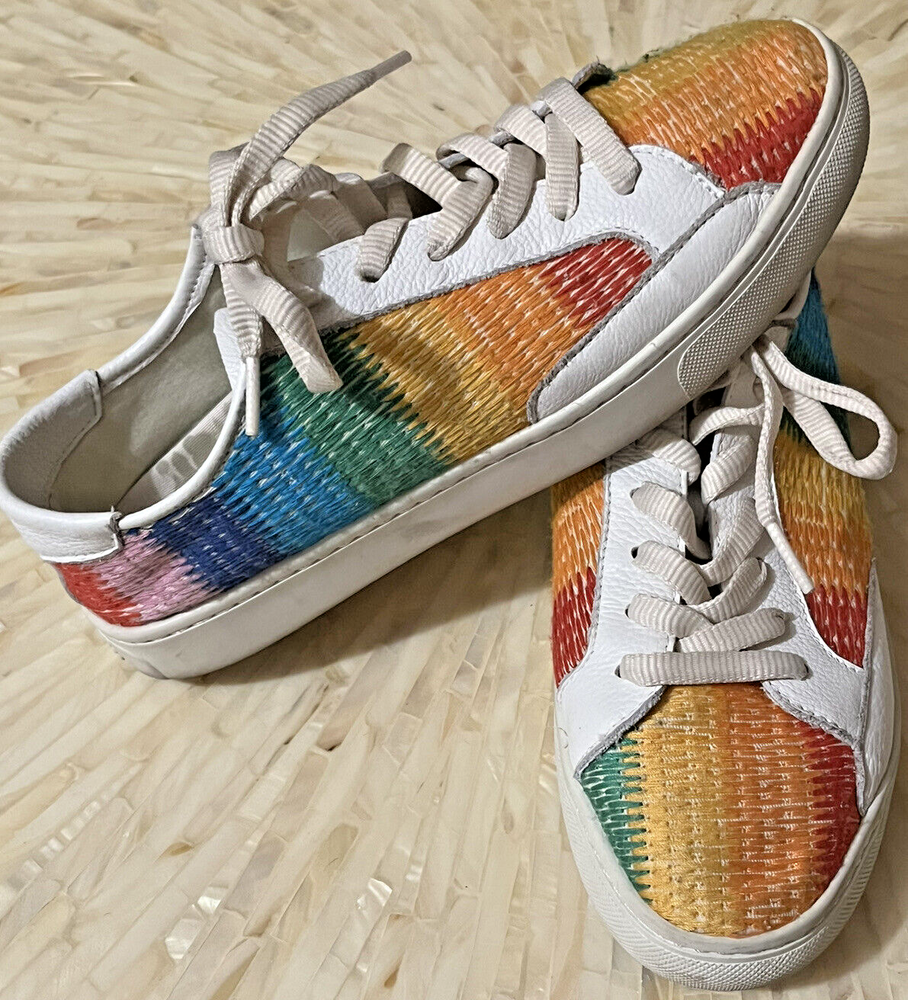 Soludos Ibiza Shoes Leather Sneakers Rainbow Multicolor Ombre Weave Women 8.5