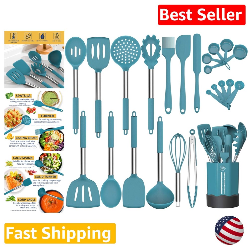 Heat-Resistant Silicone Cooking Utensil Set with Stainless Steel Handle - 24 Pcs