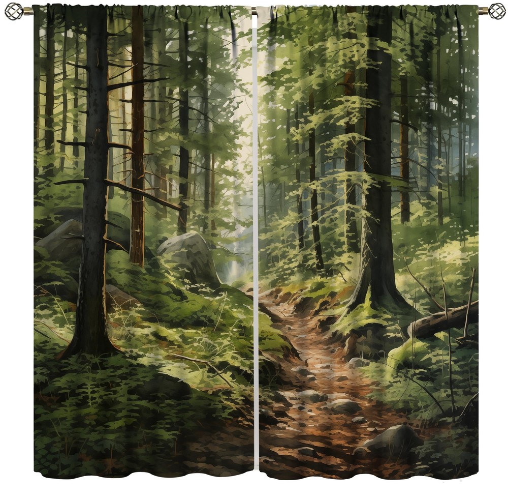 Nature Forest Curtain, Green Watercolor Tree Misty Forest Rustic Plant Winter...