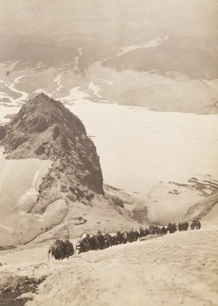 Large Early Photo of Mt. Climbers on Mt. Hood from the Hogsback. Ca. 1920