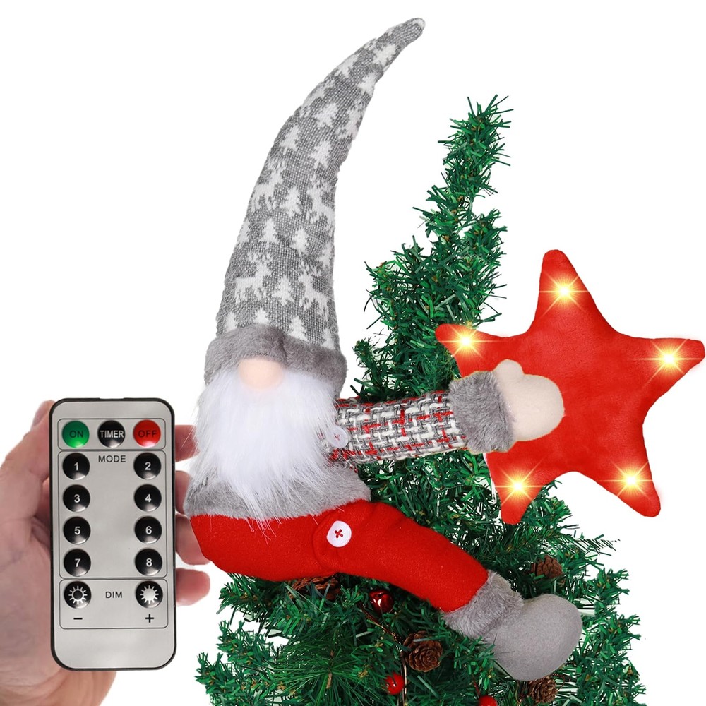 Christmas Tree Topper Gnome Decorations with Lights21.7 Inches Grey Hat