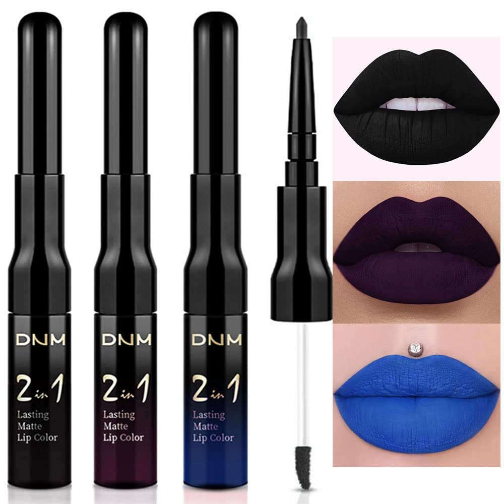 3Pcs Matte Lip Liner & Liquid Lipstick Set in Dark Black Purple & Royal Blue