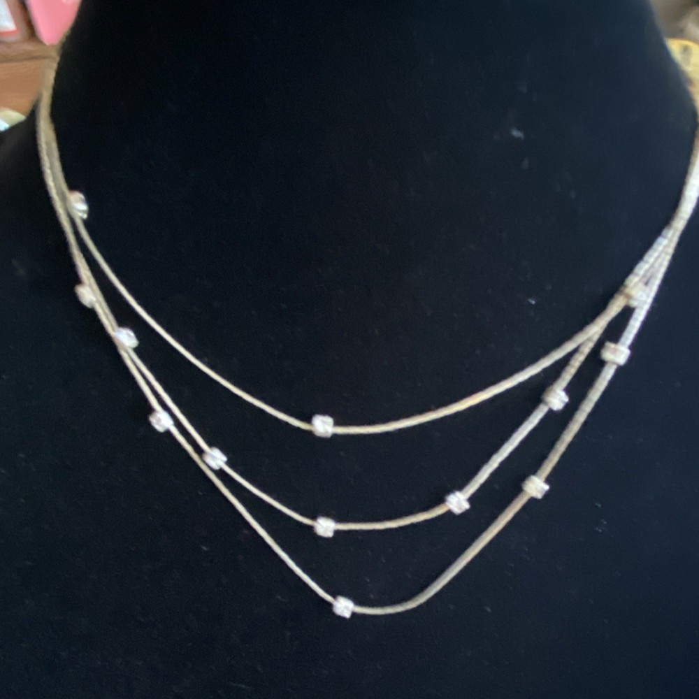 Silver Tone Layered Station Necklace with Adjustable Lobster Clasp Closure