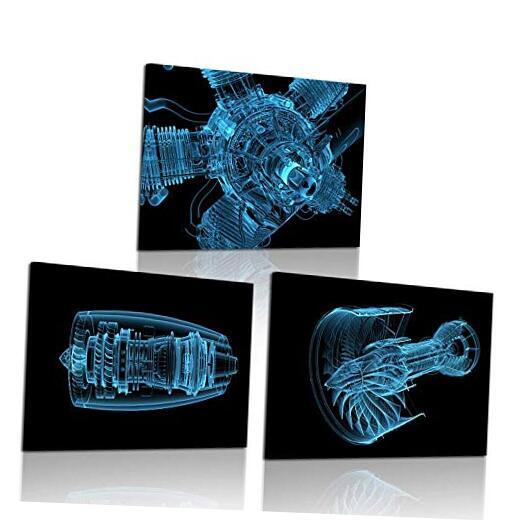 3 Pieces Canvas Art Wall Decor Jet Engine 3D x-ray Blue Transparent Isolated