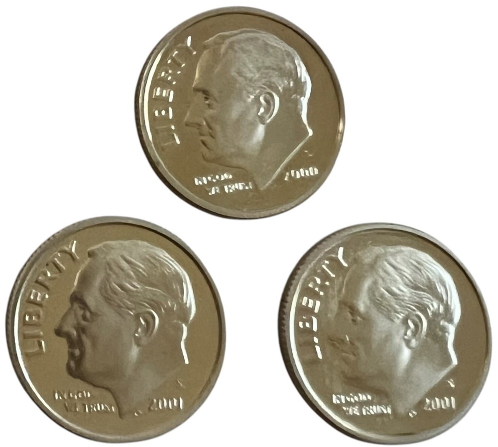 2000 S, 2001 S ROOSEVELT Dimes Lot of 3 DCam Proof 90% Silver  #336 “JG Coins”