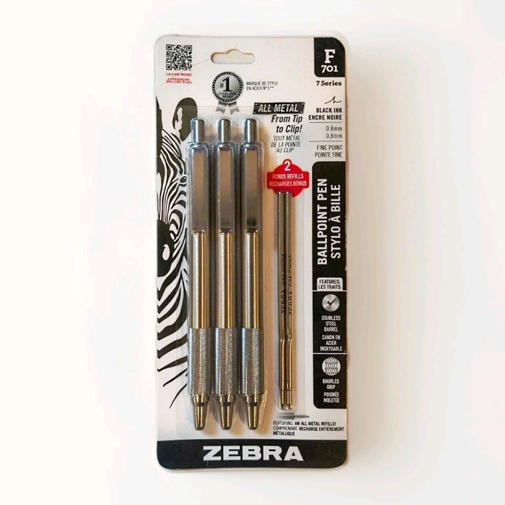 3 Pack Zebra F-701 Ballpoint Pens 2 Bonus Refills Stainless Steel Black Ink NEW