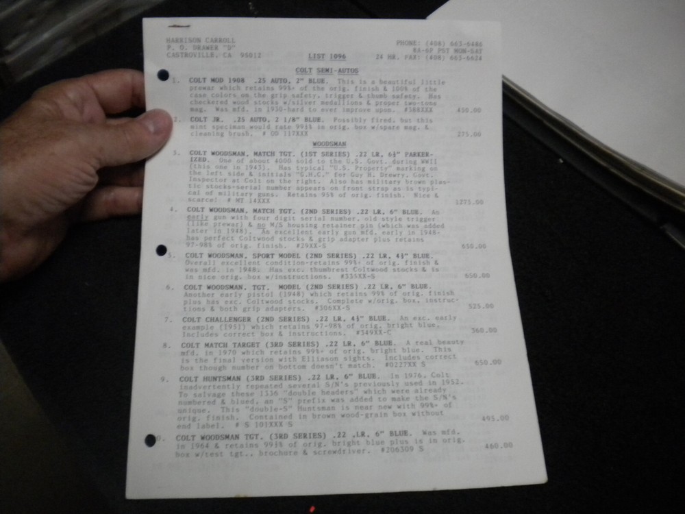 Harrison Carroll List 1096 ,Sept 96   Colt SAAs, euro pistols , S&W, Price List