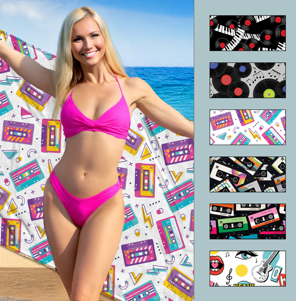 Retro Music Beach Towel with Vinyl Record and Cassette Tape Design
