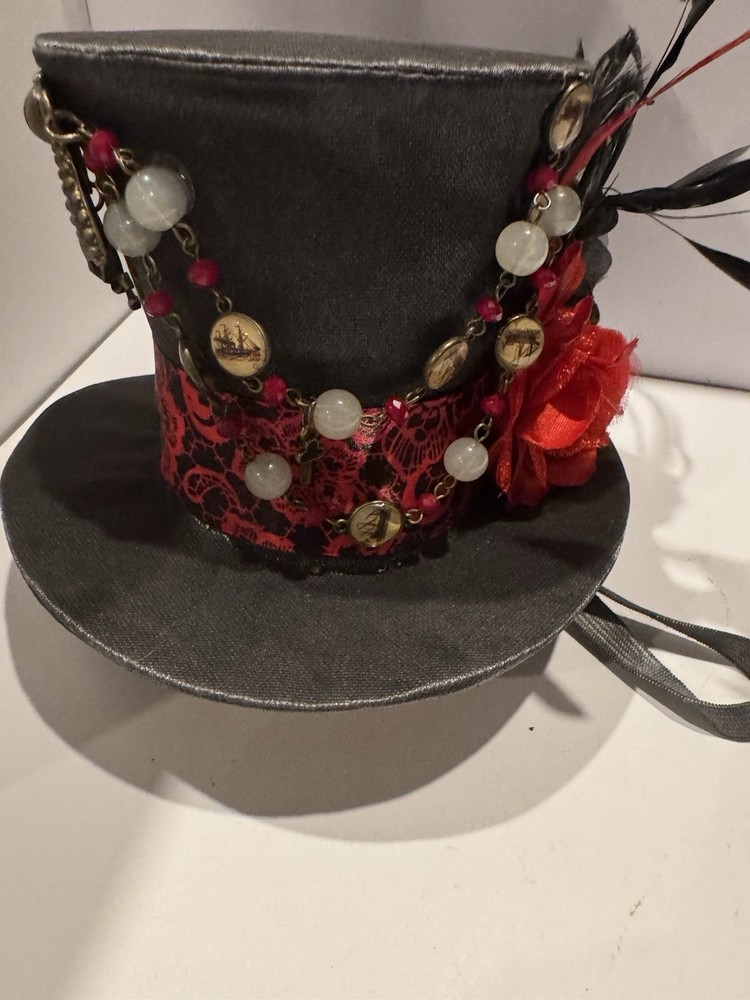 Steampunk Top Hat Black Red Lace Feathers Flowers Beads Adult Unisex Costume