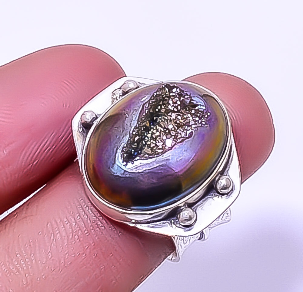 Titanium Purple Agate Drusy Sterling Silver Artisan Ring Size 7 A375