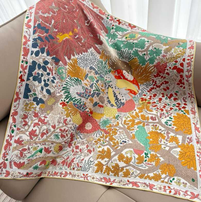 Pure 18 Momme Twill Silk forest Print Wrap Scarf Bandanna Square Shawl 90X90cm
