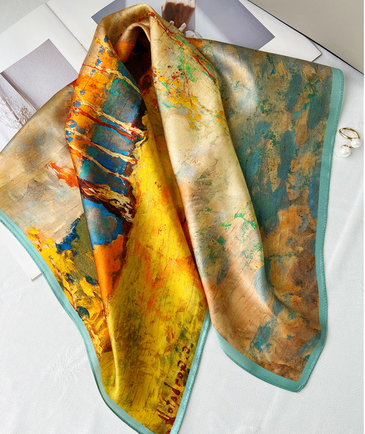 100% Silk Mulberry Square Shawl Bandanna birch forest Print Wrap Scarf 70X70cm