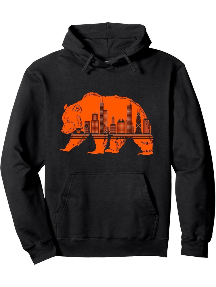 Men'S Chicago Skyline Bear Graphic Hoodie - 50% 50% Polyester Blend, Black with