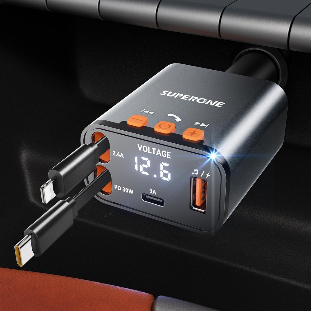 Compact Bluetooth 5.3 Car Adapter with Retractable Cables and 69W Fast Charging