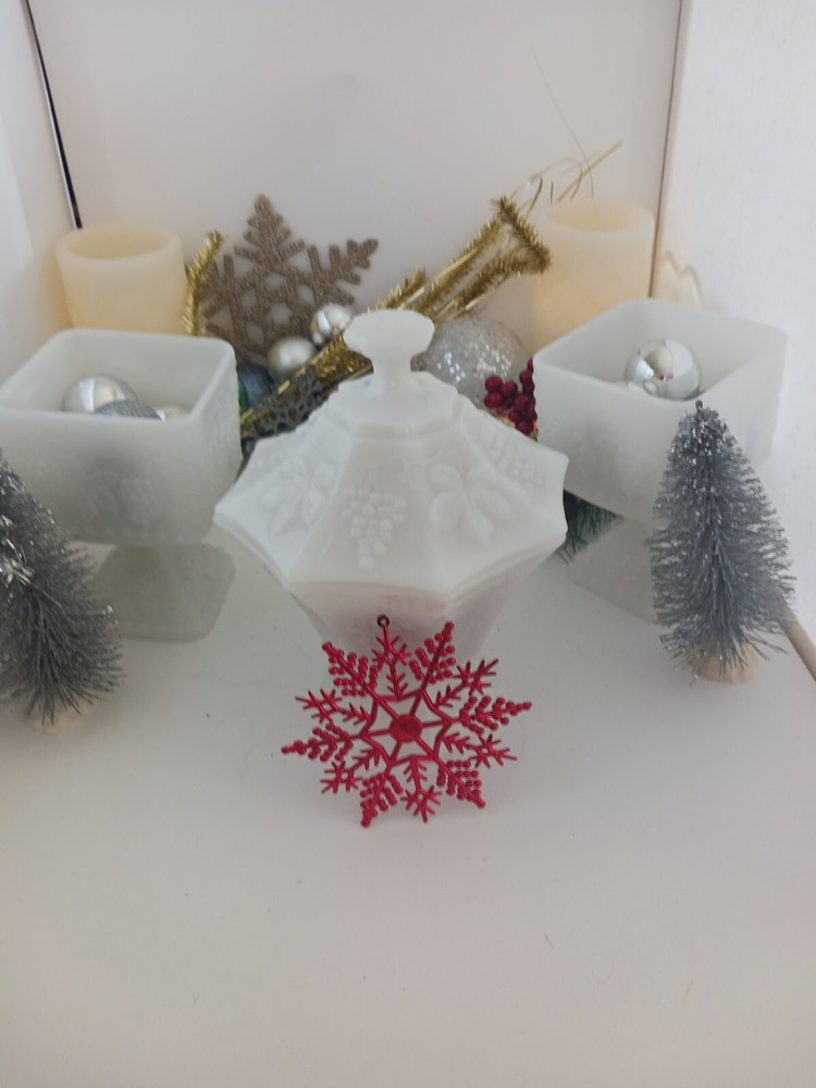 Vintage Christmas Milk Glass Candy Dish with 2 Square Christmas Plates-image
