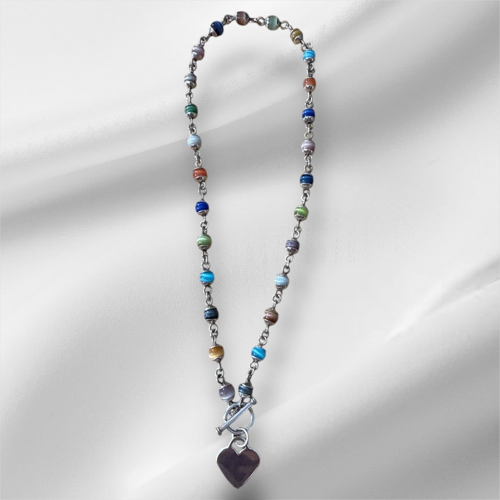 Vintage 925 Sterling Multi Color Bead Necklace Heart Toggle Clasp Heart Pendant